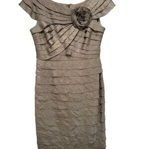 Chic Tan Asymmetrical Dress with Bateau Neckline and Flutter Cap Sleeves